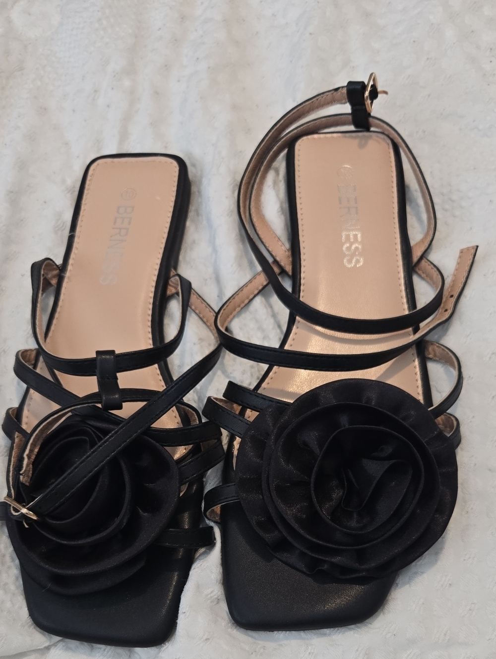 BERNIELESS Black Floral Strappy Ankle-Tie Sandals